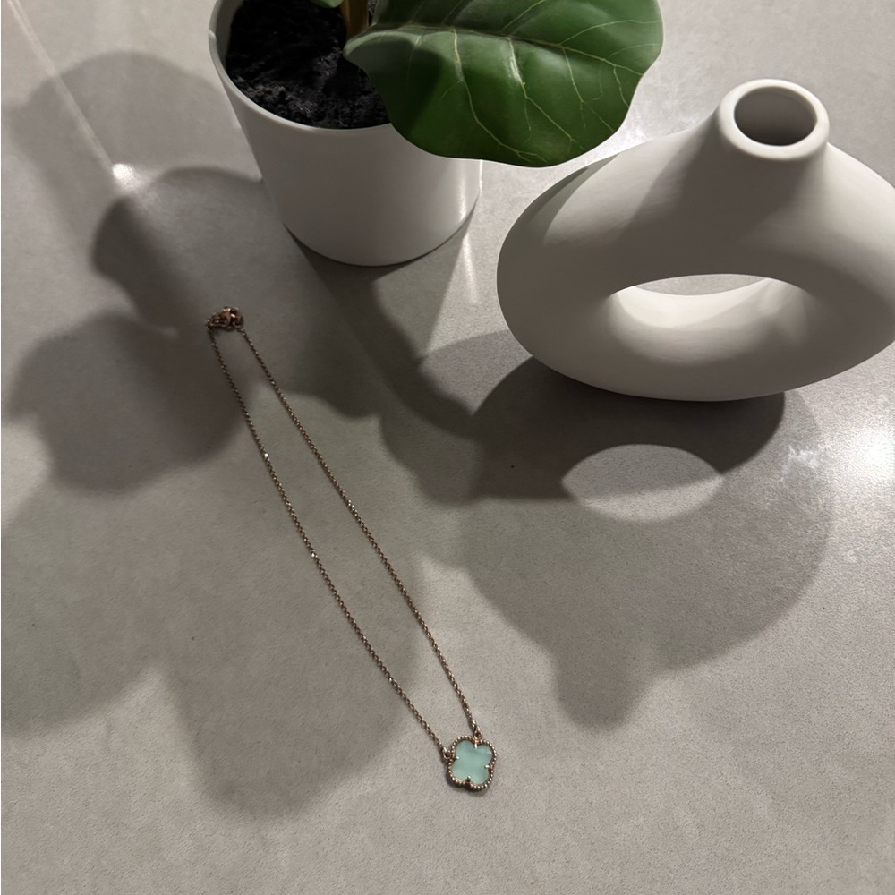 Gorgeous Rose Gold Necklace with Aquamarine Four Leaf Clover Pendant
